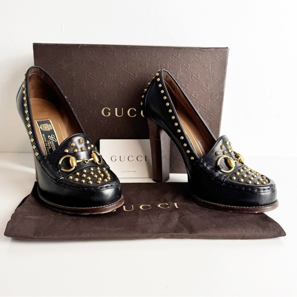 Gucci Shoes - GUCCI Anniversary Calfskin Studded Horsebit Alyssa Pumps Black size 38.5